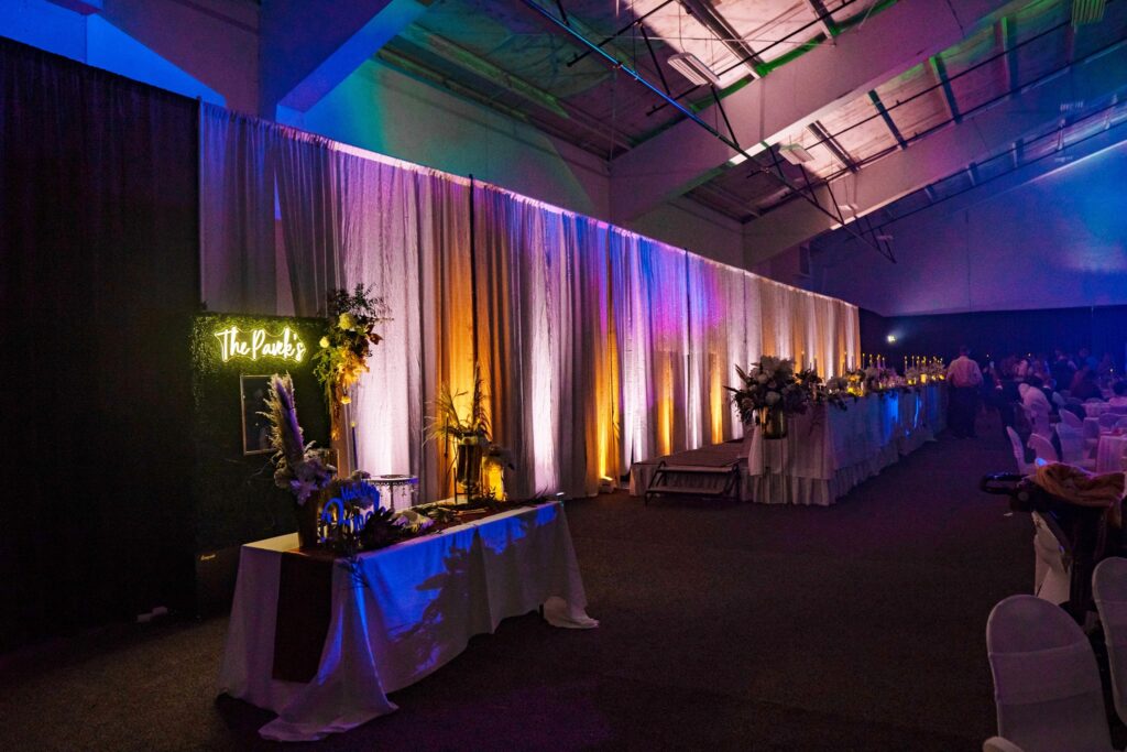Beautiful uplighting provided by DJ MN Events at Arrowwood Resort, a wedding venue in Alexandria, MN.