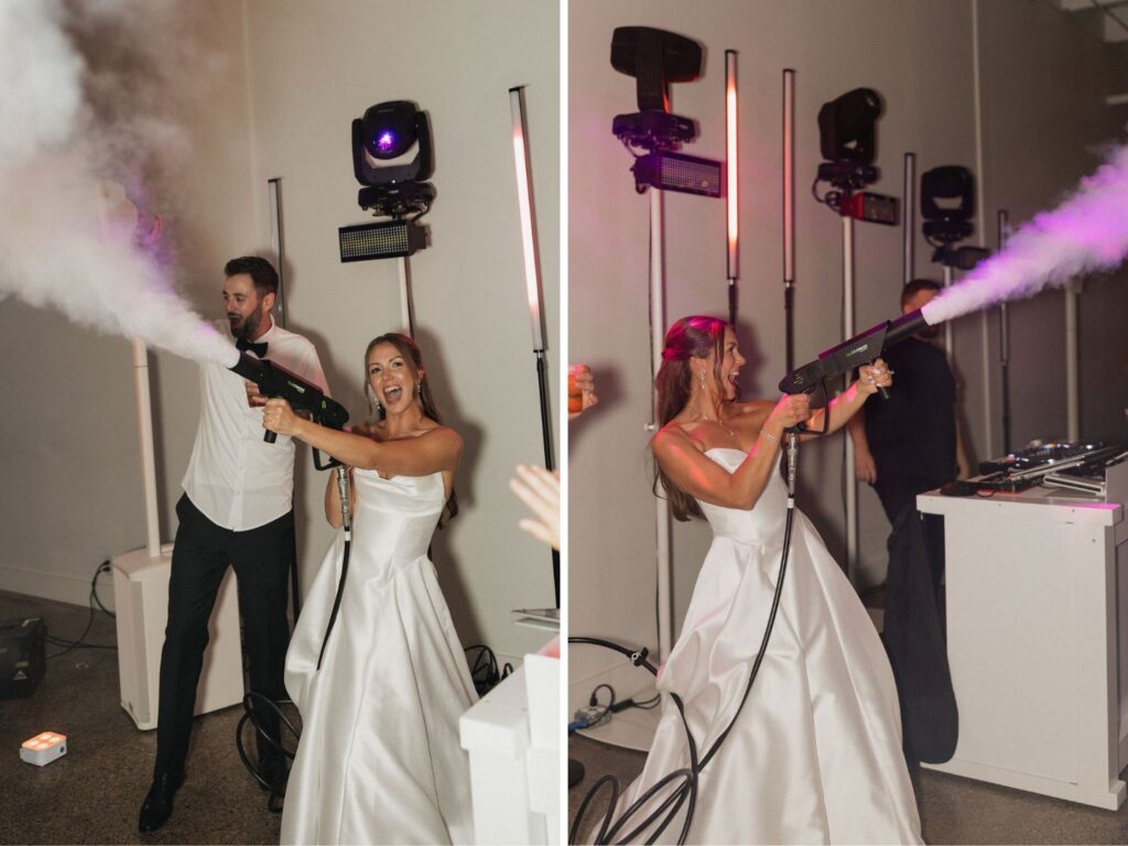 Bride blasting a CO2 cannon on the dance floor during her nightclub wedding reception