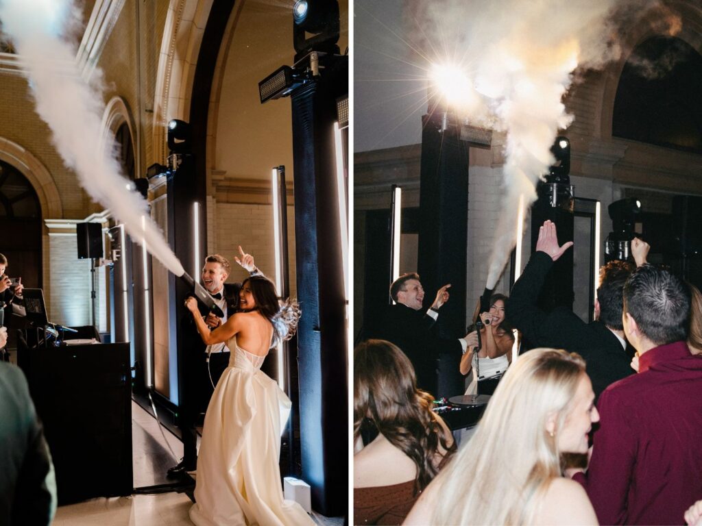 Bride and groom blasting a CO2 cannon on the dance floor at their wedding