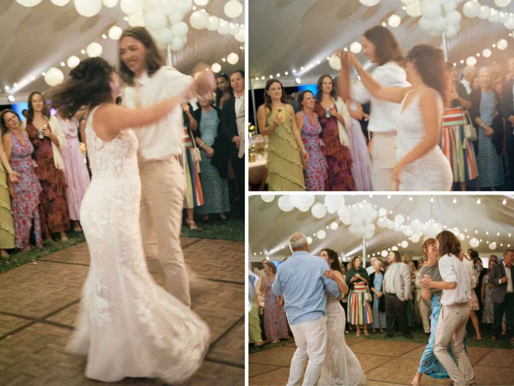 Collage of the couple's choreographed first dance and parent dances at a tent wedding