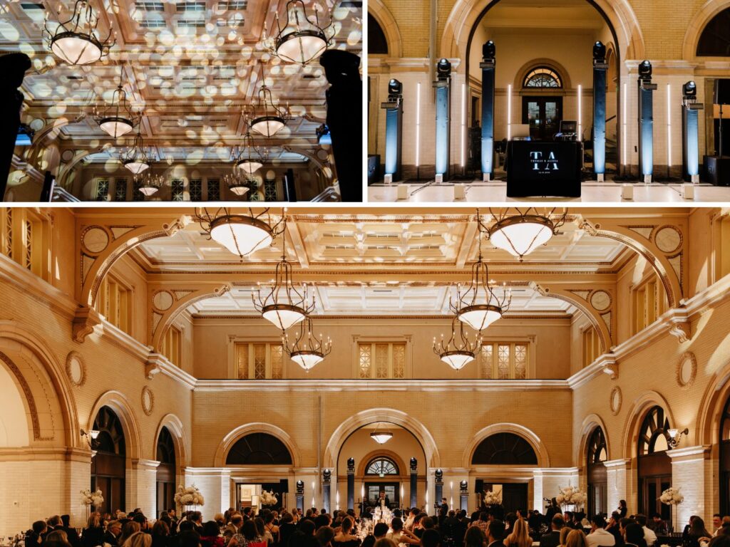 Grand Hall at The Depot transformed with uplighting, lightscaping, and a custom DJ booth