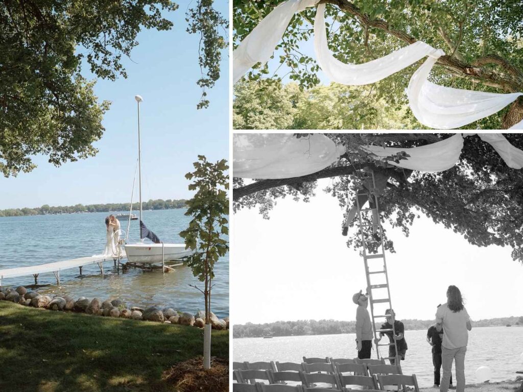 Hanging a disco ball by the lake while setting up decorations for a cottage wedding in Alexandria, MN