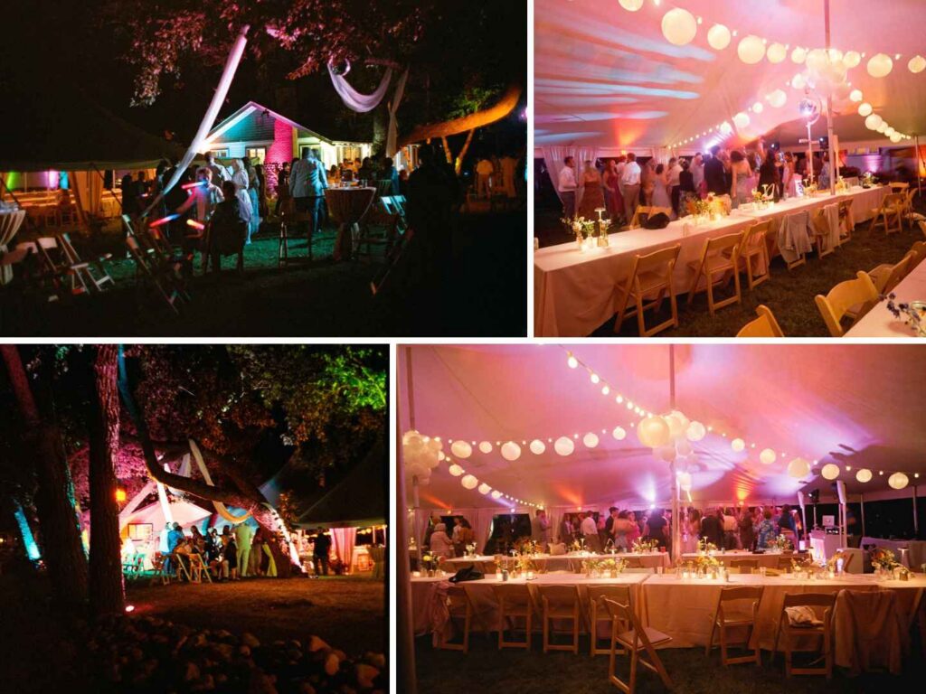Colorful immersive lighting inside and outside the tent at a lake wedding reception