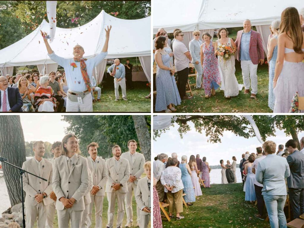 Collage of a lakeside wedding ceremony, including the couple's uncles serving as flower guys