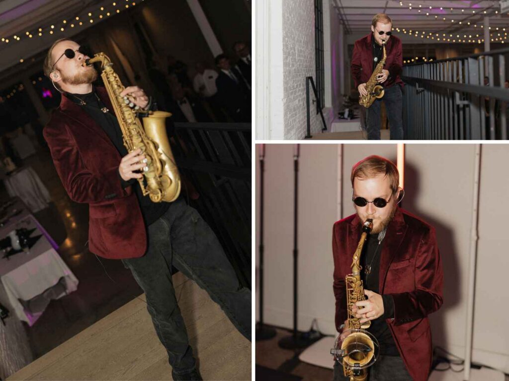 Live saxophone player performing alongside the DJ at a Minneapolis wedding reception