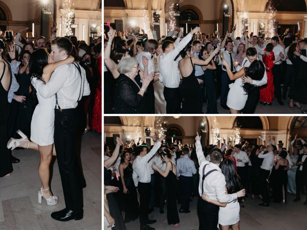 Couple and guests ringing in the New Year during their wedding reception at The Depot