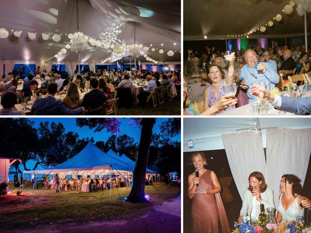 Tent wedding lighting with warm white wash lights and starry gobos during the toasts