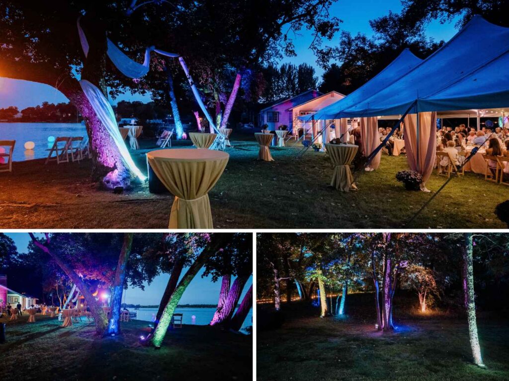 Trees and buildings lit in vibrant color with wireless uplights at a lakeside wedding in Alexandria, MN