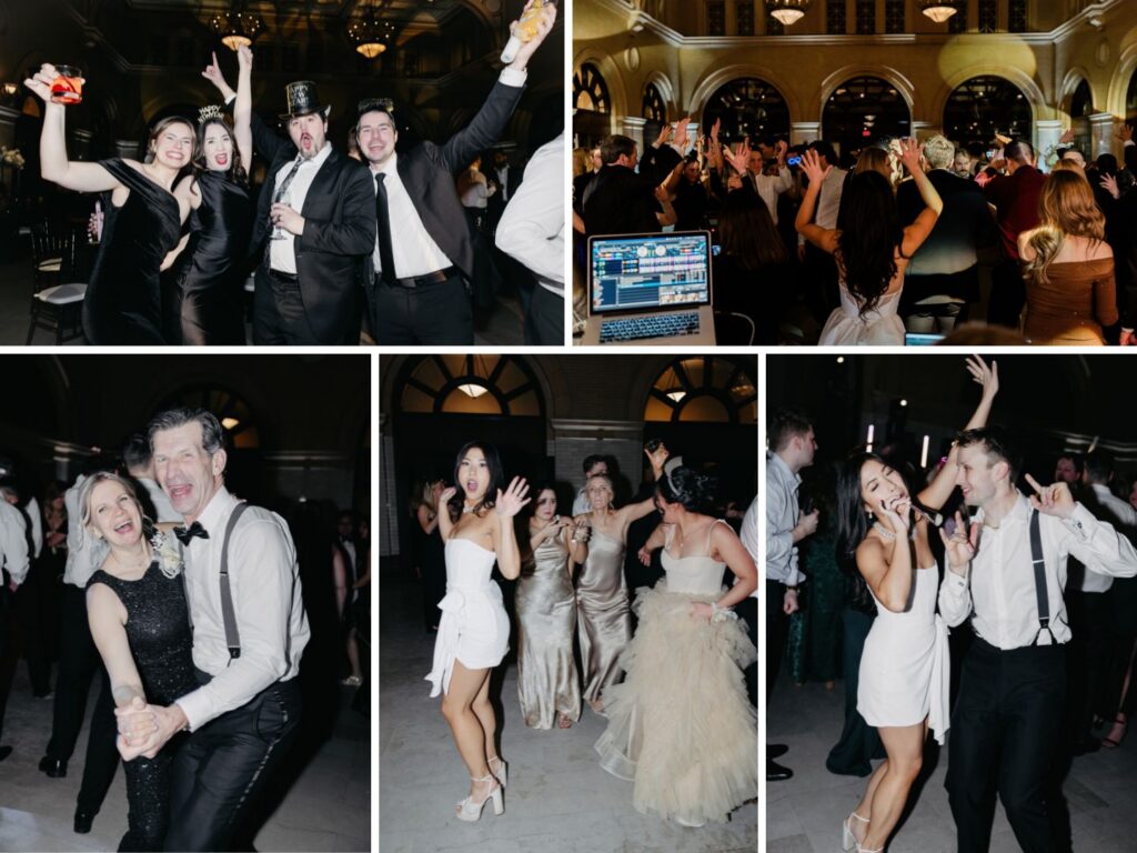 Collage of wedding guests with hands up dancing at a Minneapolis wedding reception