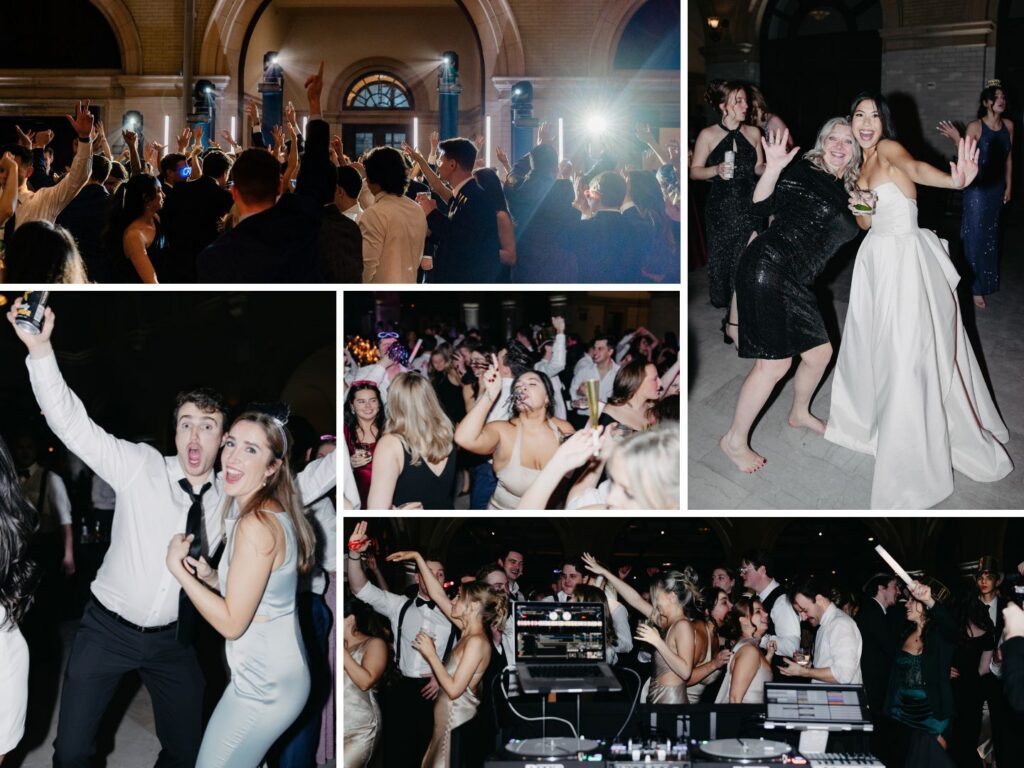Collage of guests dancing at a New Year's Eve wedding reception in Minneapolis