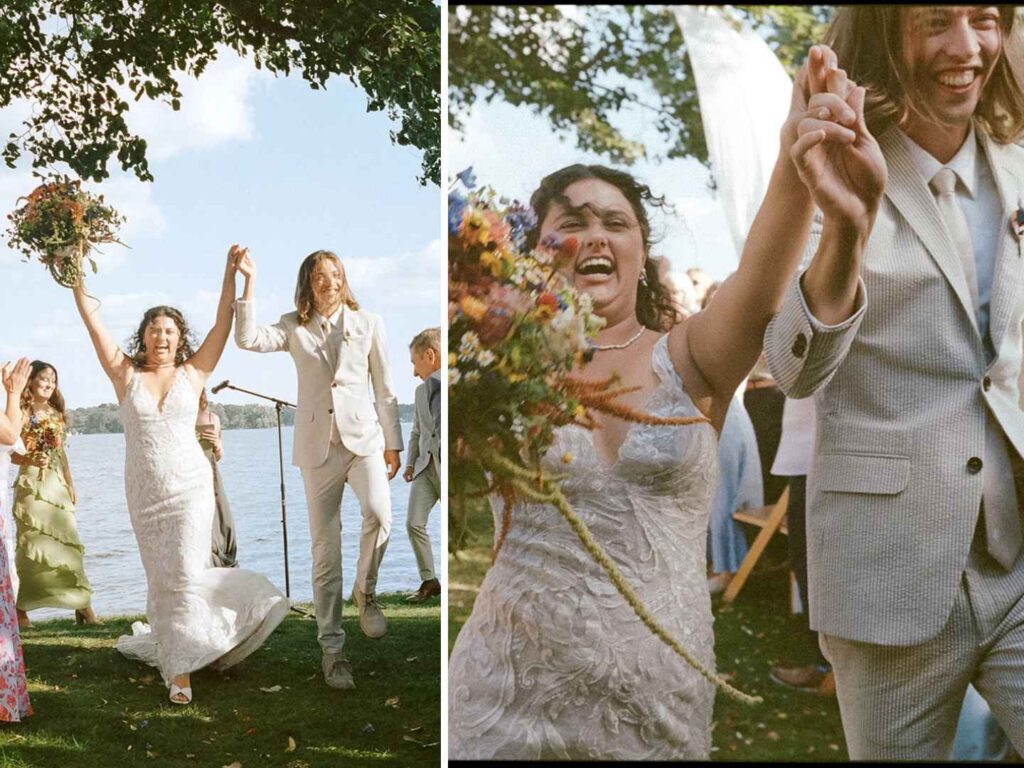 Newlyweds skipping back down the aisle during their recessional at a lake cottage wedding