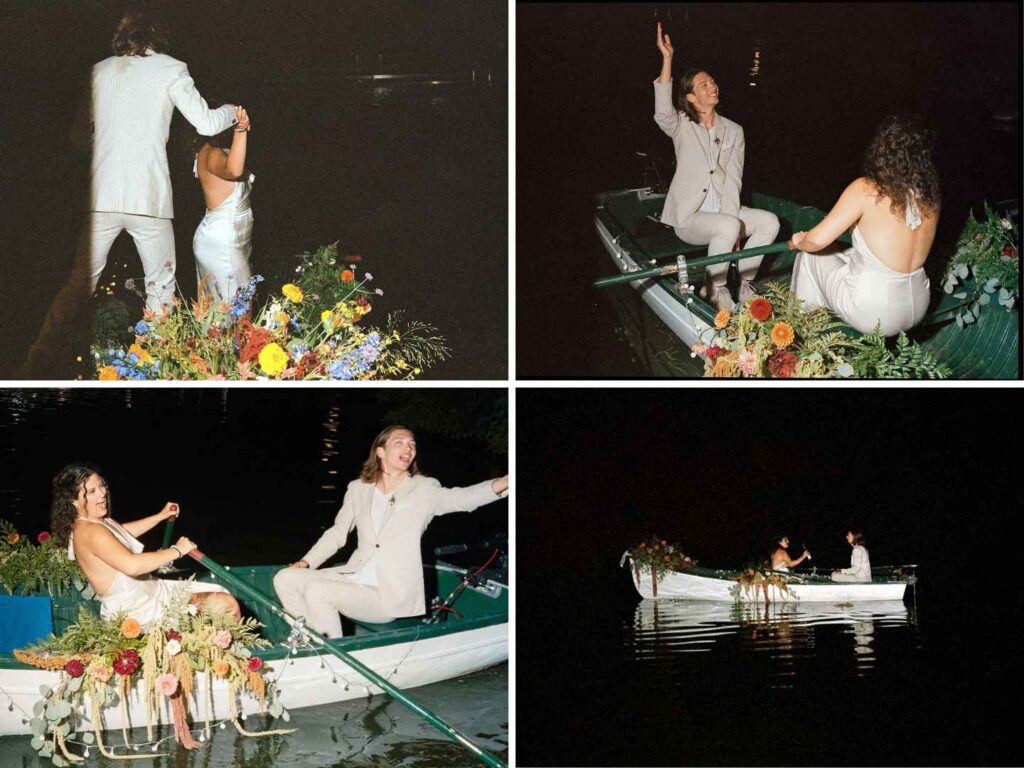 Guests forming a lighted tunnel for the couple's send-off toward the Lady of the Lakes boat