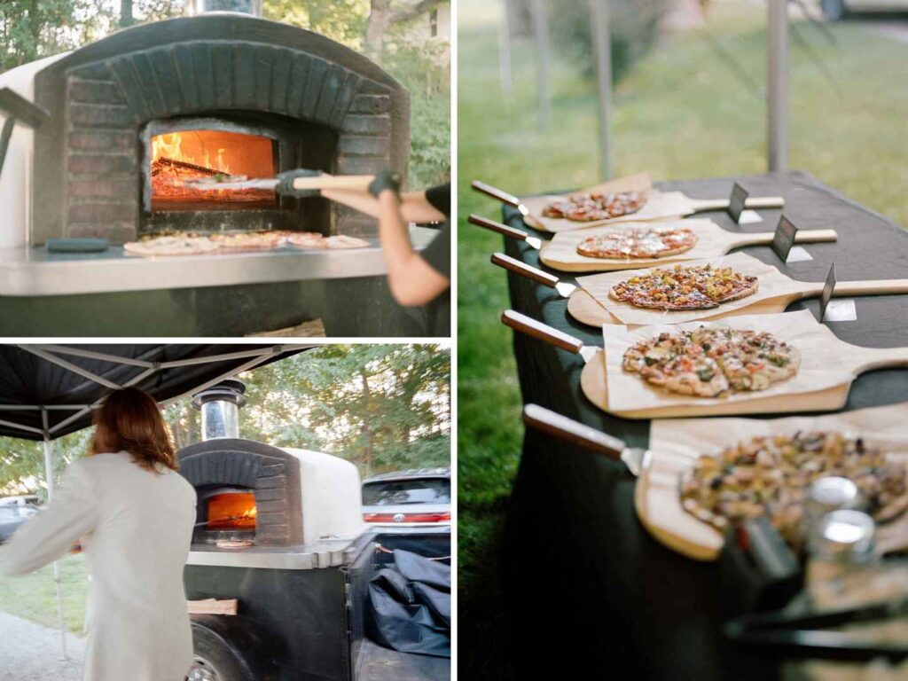 Fresh wood-fired pizza served to guests during a wedding dinner at a lake cottage