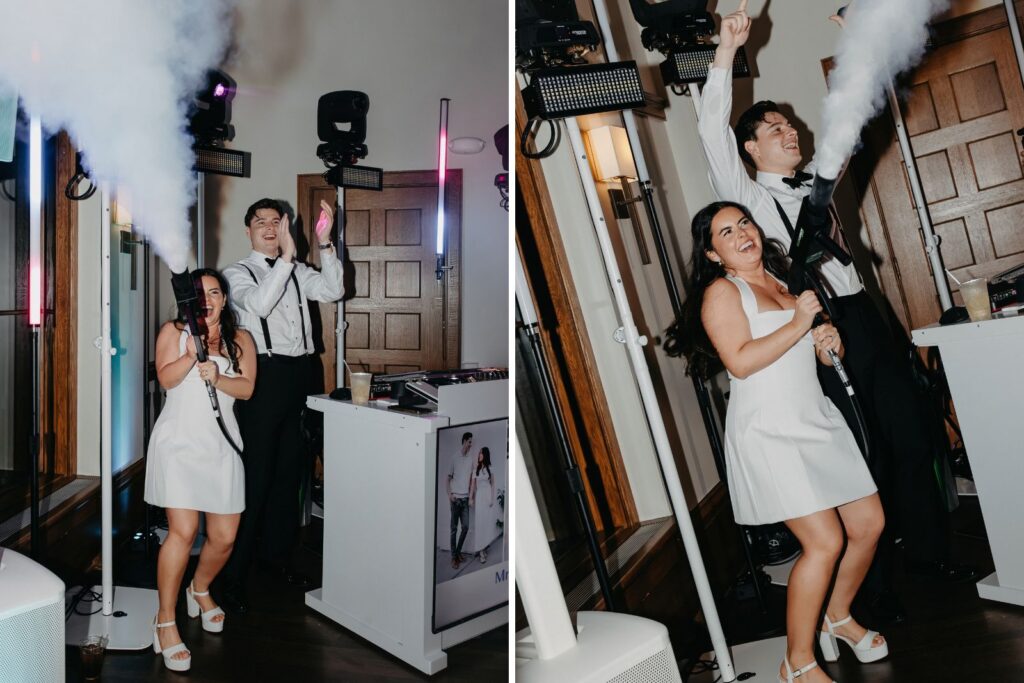Couple blasting CO2 over guests on the dance floor at their Edina, MN wedding