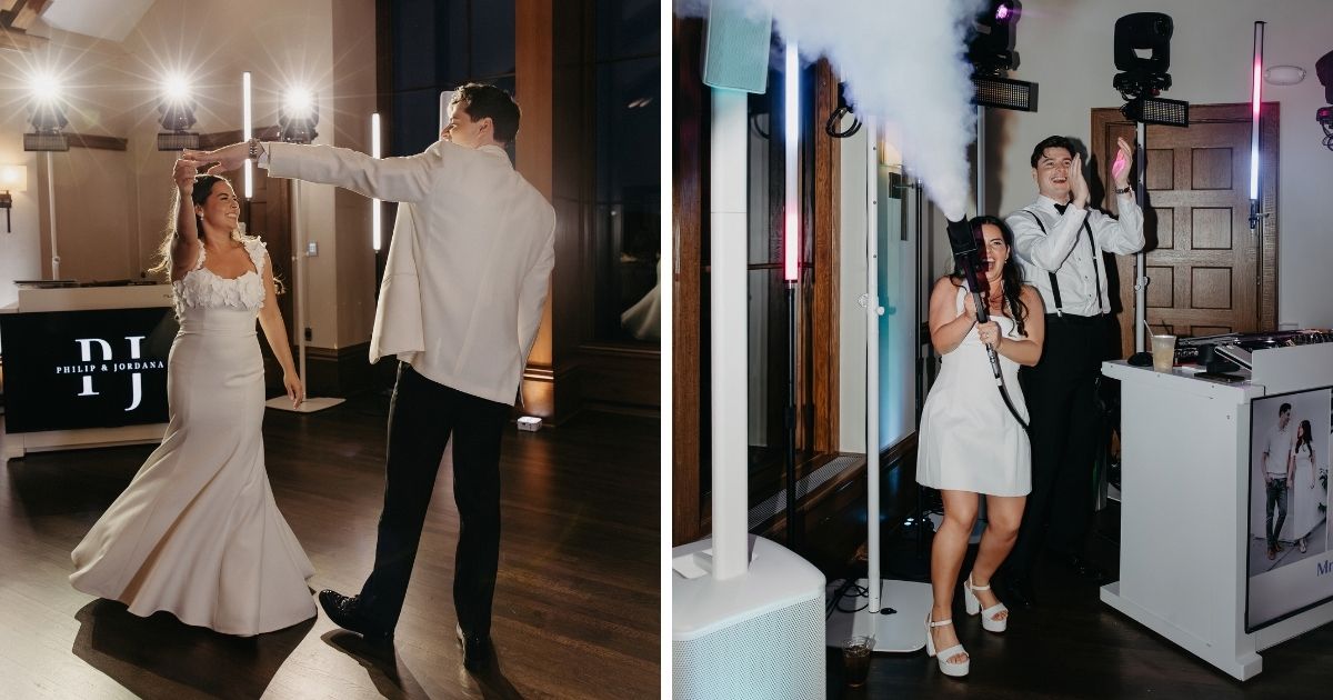 First dance and CO2 blast side by side at a wedding DJ Edina MN reception at Interlochen Country Club