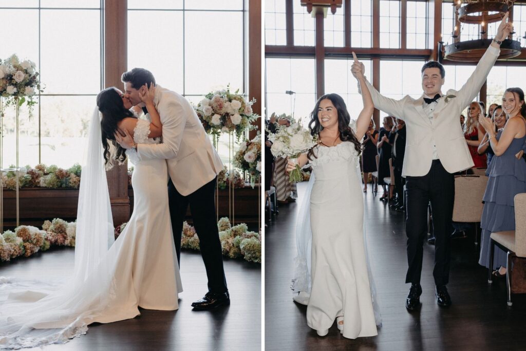 Newlyweds' first kiss and recessional at their Interlachen Country Club wedding