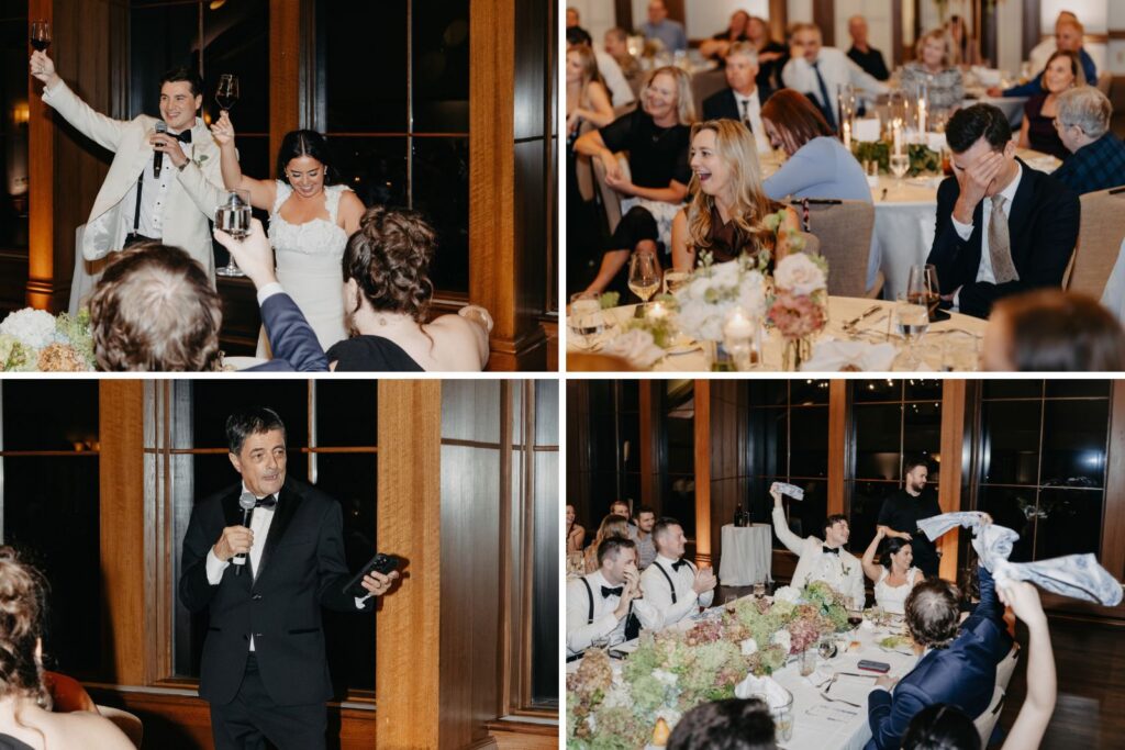 Guests giving speeches during a wedding reception at Interlachen Country Club